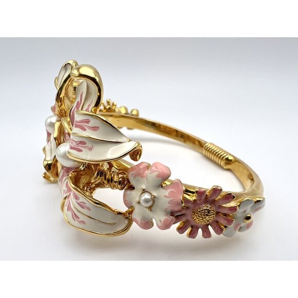 VTG KJL Kenneth Lane Bracelet Pink & White Enameled Flowers Pearls Gold Tone - Picture 7 of 15